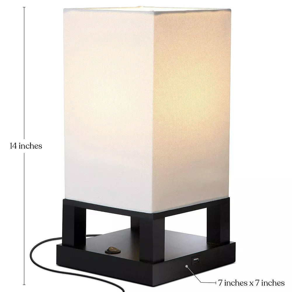 Lampă de masă cu abajur dreptunghiular din in, port USB și bec LED inclus